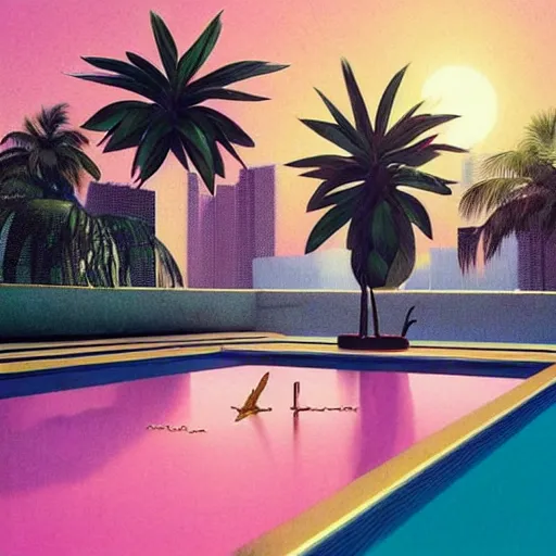 Prompt: miami vice, indoor liminal space, golden light, greg rutkowski, palm trees, pink door, minimalistic, hyperrealistic surrealism, award winning masterpiece with incredible details, epic stunning, infinity pool mirrors, a surreal vaporwave liminal space with mirrors, highly detailed, trending on artstation, artgerm and greg rutkowski and alphonse mucha, daily deviation