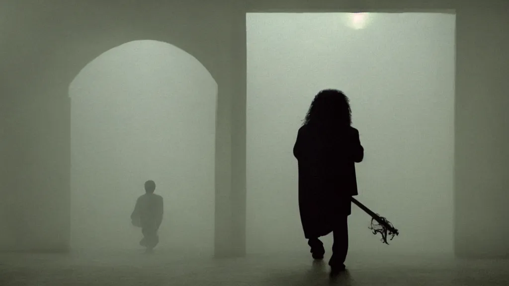 Image similar to photo from distance of a black man with long curly hair, carrying a electric guitar, walking out of from the past door, film still from the movie directed by Denis Villeneuve with art direction by Zdzisław Beksiński, wide lens