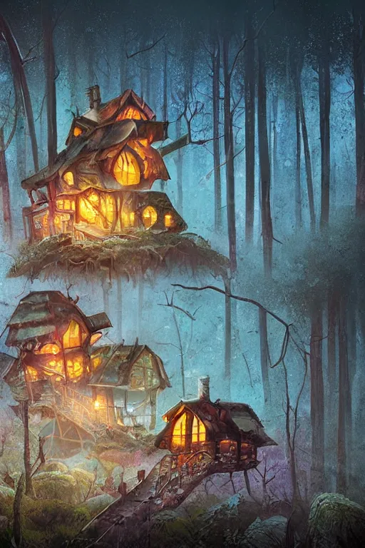 Prompt: a ramshackle multistory fairytale hut in the forest by Petros Afshar