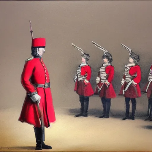 Image similar to a British redcoat soldiers stands before the high council of wizards, fantasy, concept art, oil on canvas,