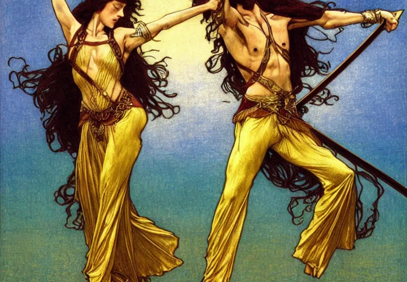 Prompt: one golden swordsman wielding two swords leans back as he dances elegantly in the wind, his robes and long hair flowing in the breeze, fantasy, Mucha, MTG, Game of Thrones, salsa dancing, Rossetti, Millais, anatomically correct