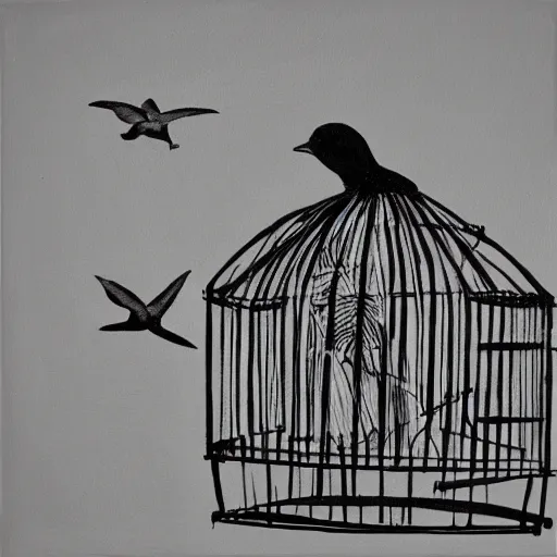 Prompt: a painting of a bird in a cage, black and white