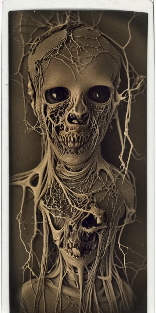 Image similar to an 1 9 1 0 polaroid photography of a very sad and detailed rotten woman corpse with fractal ornate growing around her face muscles, veins, arteries, bones, anatomical, skull, eye, ears, full body, intricate, surreal, ray caesar, john constable, guy denning, dan hillier, black and white