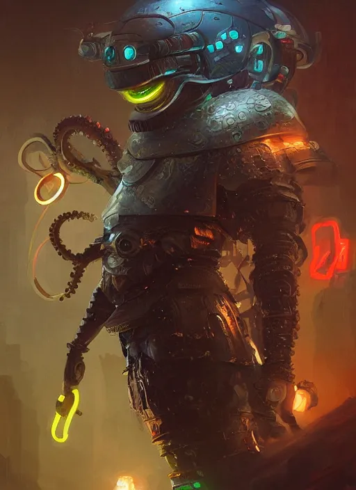 Image similar to An octopus wearing medieval knights armor, cyberpunk, neon, intricate, elegant, digital painting, concept art, smooth, sharp focus, illustration, by Ruan Jia and Mandy Jurgens and Artgerm and William-Adolphe Bouguerea