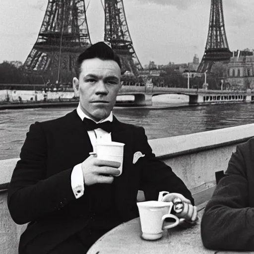 Image similar to mcgregor is dressed as a gentleman at early 2 0 th century paris. he is having a coffee at the banks of river seine. ewan mcgregor has a coffee cup on his hand. next to him is a small brown cat with yellow glowing eyes, by jack kirby