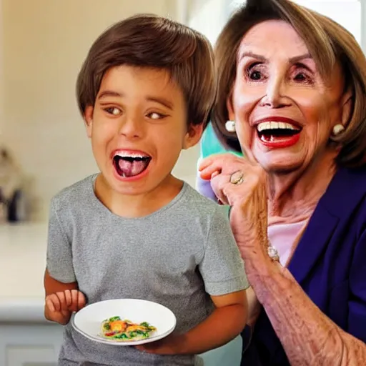 Image similar to a very excited young man with an open mouth smile, drooling over a tiny nancy pelosi on a plate