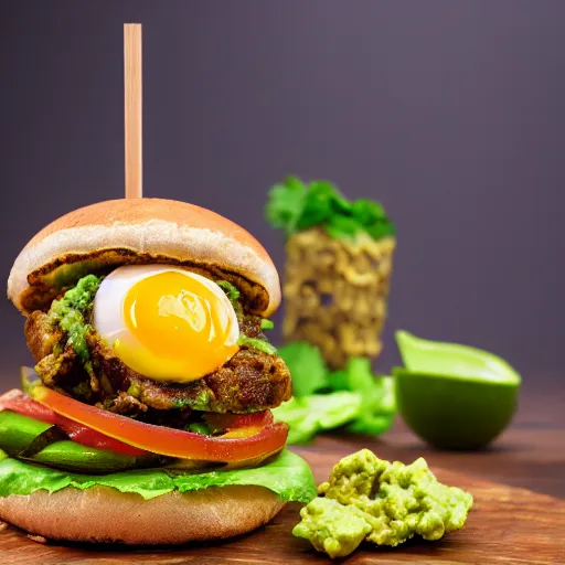 Image similar to vegan hamburger with guacamole and crispy fried onion and fried egg toppings, crispy buns, 8 k resolution, studio lighting, sharp focus, hyper - detailed