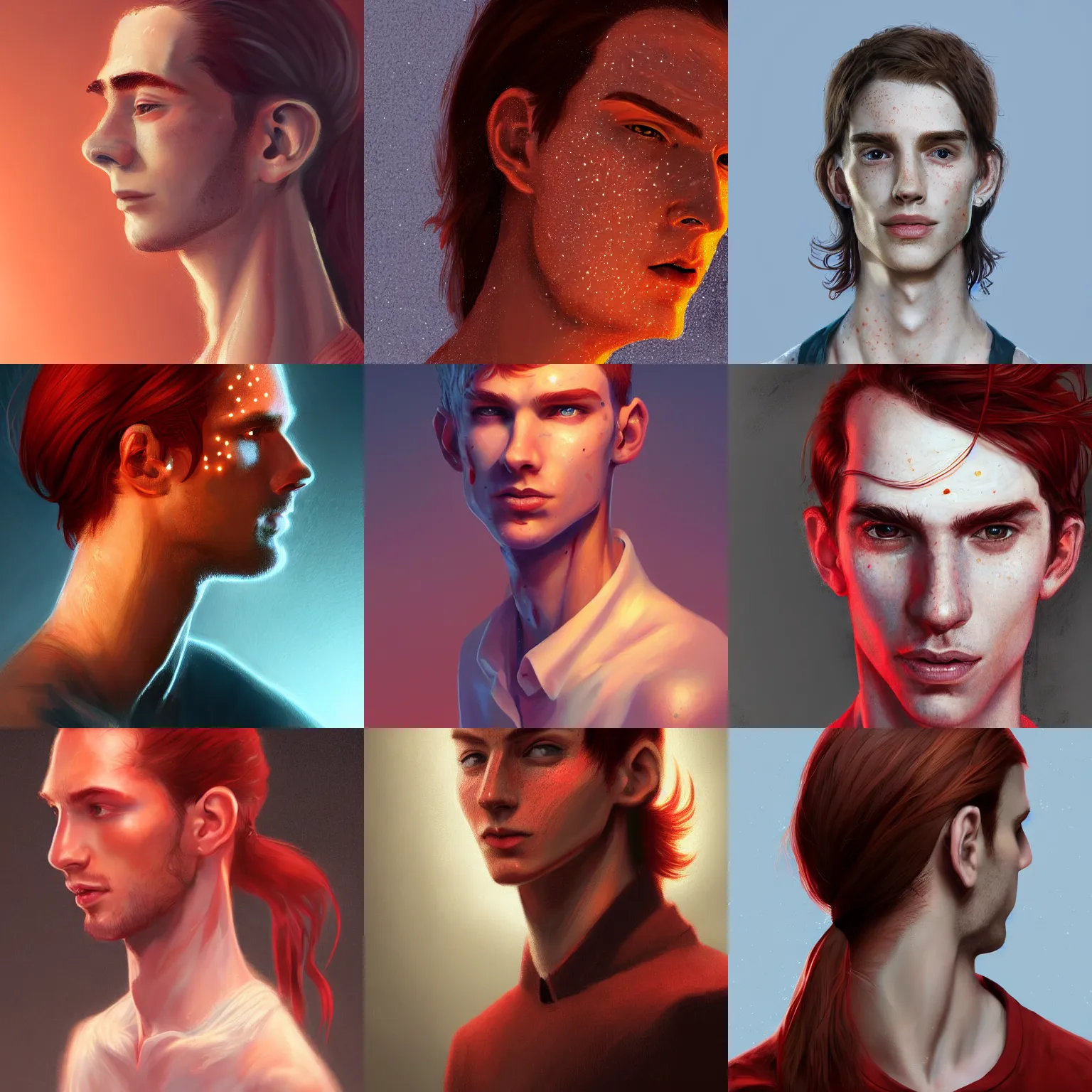 Prompt: portrait of a thin young man with long red hair, ponytail, a lot of freckles on his face, intricate, elegant, glowing lights, highly detailed, digital painting, artstation, concept art, smooth, sharp focus, illustration