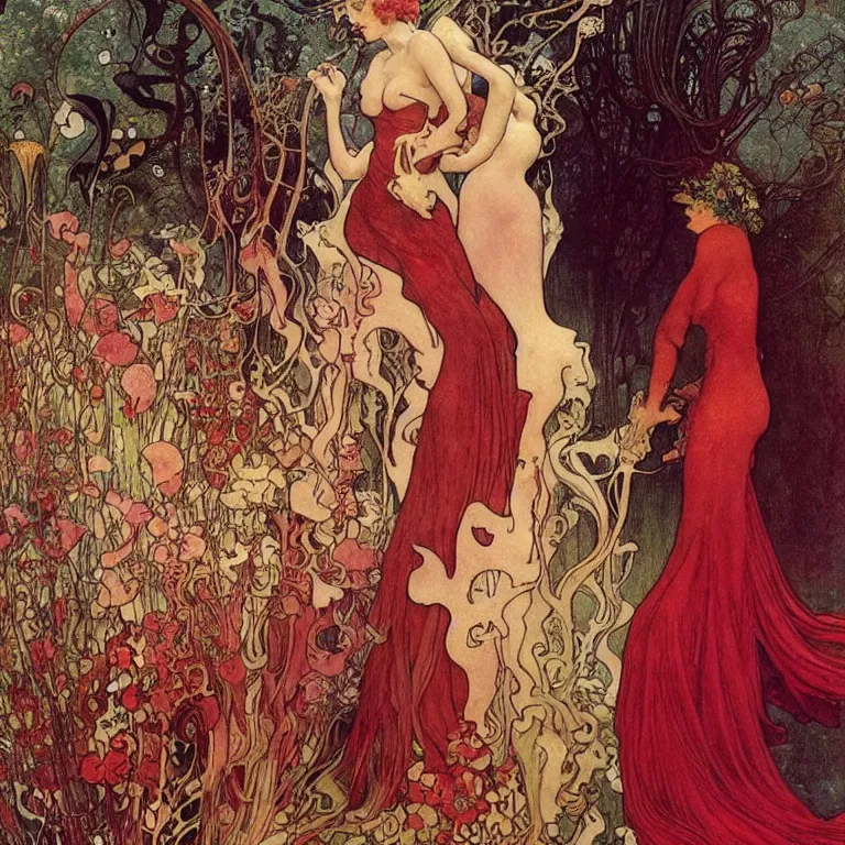 Prompt: There is a woman in a red dress, with white hair on a golden background, with pink flowers Anton Pieck,Jean Delville, Amano,Yves Tanguy, Alphonse Mucha, Ernst Haeckel, Edward Robert Hughes,Stanisław Szukalski and Roger Dean