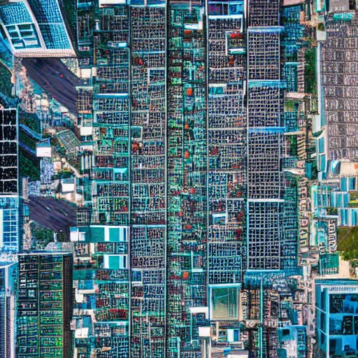 Image similar to top down view of a city resembling a computer motherboard