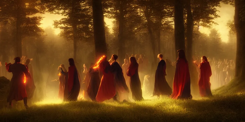 Prompt: masterpiece demons, vampires and witches dancing in the woods at dusk, edmund leighton, majestic, volumetric lighting, photorealistic, intricate, trending on artstation 8 k