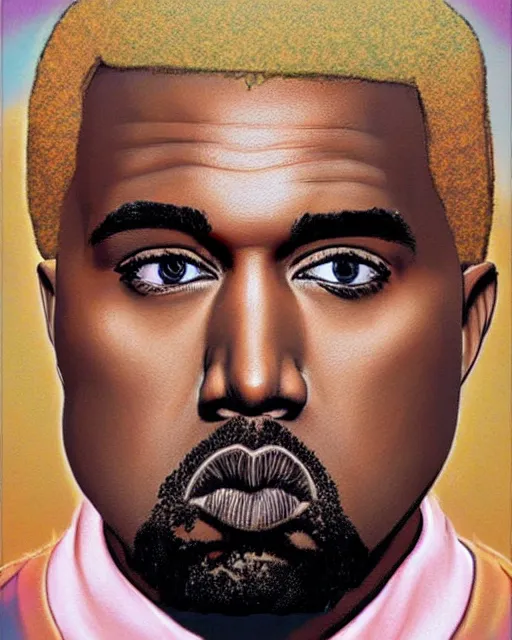 Prompt: kanye west dyed blonde hair 2 0 1 8, airbrush, drew struzan illustration art, key art, movie poster