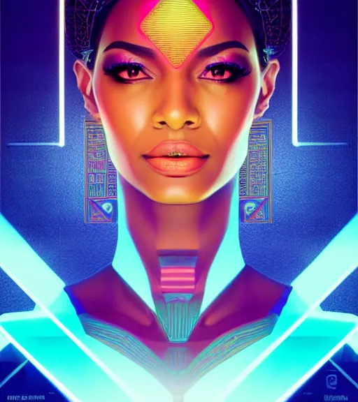 Image similar to symmetry!! egyptian queen of technology, solid cube of light, hard edges, product render retro - futuristic poster scifi, lasers and neon circuits, brown skin beautiful egyptian, queen, intricate, elegant, highly detailed, digital painting, artstation, concept art, smooth, sharp focus, illustration, dreamlike, art by artgerm