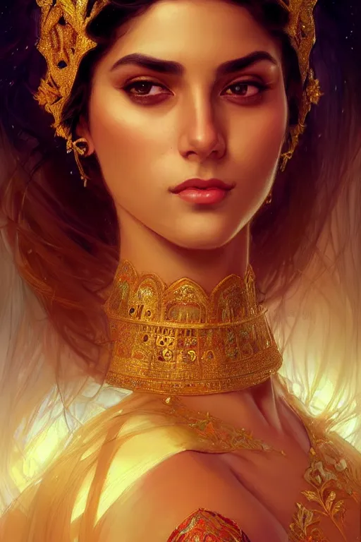 Image similar to Beautiful portrait of an attractive Persian Princess who is an architect, beautiful princess, face painting, dramatic lighting, intricate, wild, highly detailed, digital painting, artstation, concept art, smooth, sharp focus, illustration, art by artgerm and greg rutkowski and alphonse mucha, footage from space camera