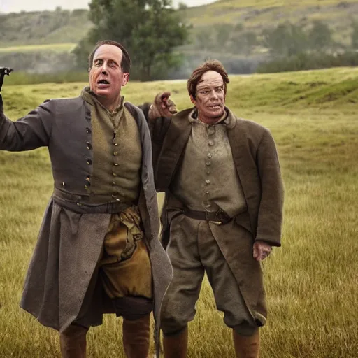 Prompt: jerry seinfeld and bryan cranston in the civil war dressed up like shrek on the battlefield, old timey combat photography combat art by stuart brown 8 k hyperrealism
