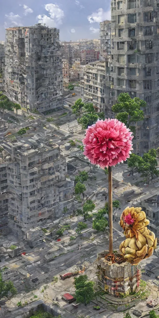 Prompt: giant grotesque flower in the middle of abandoned post soviet constructivist cityscape, Stalinist architecture, ultradetailed by Hayao Miyazaki and Josan Gonzalez and Makoto Shinkai and Giuseppe Arcimboldo