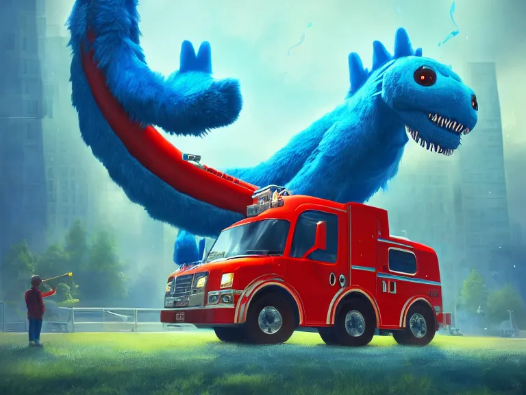 Image similar to adorable anthropomorphic gigantic cerulean furry leviathan monster, playing with a small firetruck, in a park surrounded by a city, rpg reference, oil painting, trending on artstation, octane render, insanely detailed, 8 k, hd