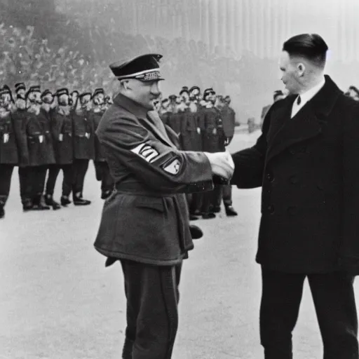 Prompt: donald trump shaking hands with Adolf Hitler, photography, 8k,