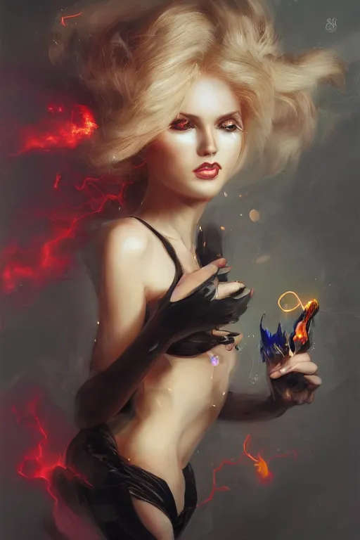 Prompt: blonde woman 2 0 yo in a black velvet cat costume wearing exploding fire electricity and blood, sorcerer, diamonds, angel, fantasy, dramatic lighting, highly detailed, digital painting, holding electricity, magic the gathering, hyper detailed, 3 d render, hyper realistic detailed portrait, peter mohrbacher, wlop, ruan jia