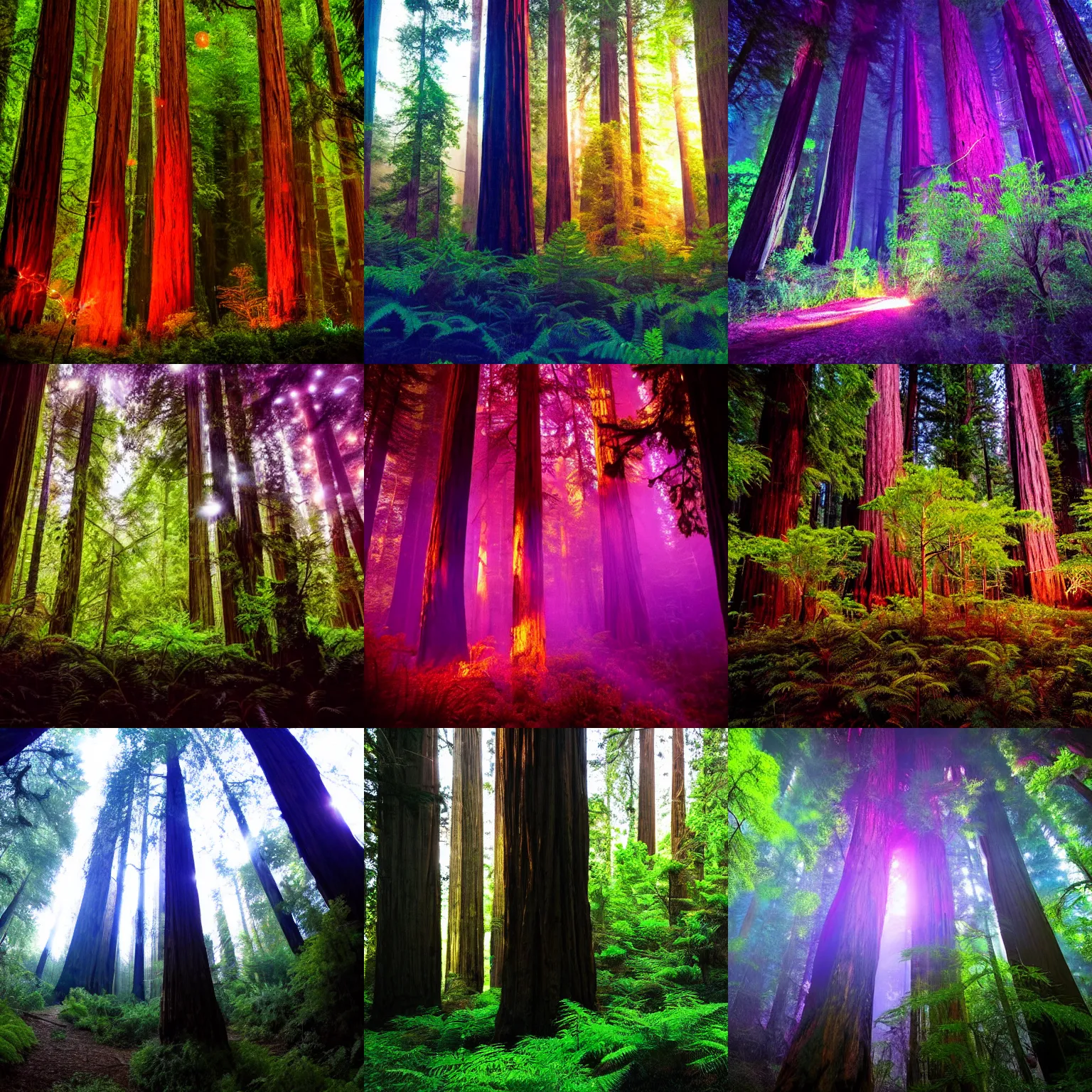 Prompt: lots of redwood trees, overgrown, at night, alien bioluminescent plants, glowing leaves, field, glowing pink fireflies, glowing blue light particles, cinematic composition,