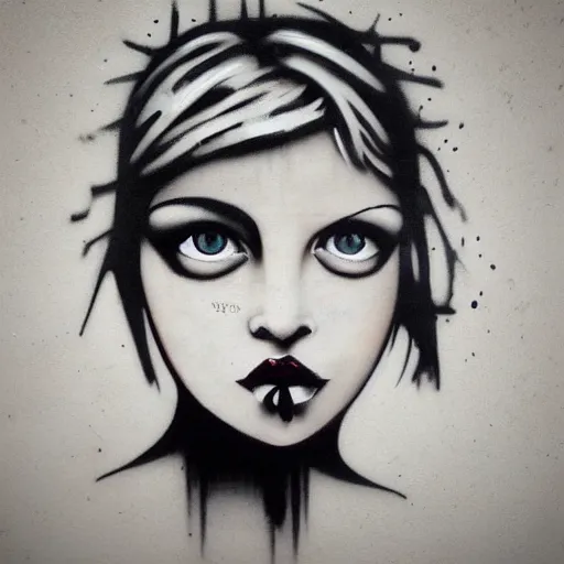 Image similar to beautiful female graffity, close up face, by Banksy, trending on Artstation