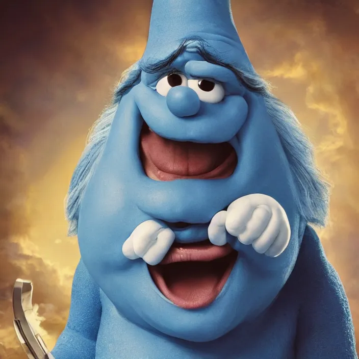 Image similar to jack black as papa smurf live action movie, 8 k,