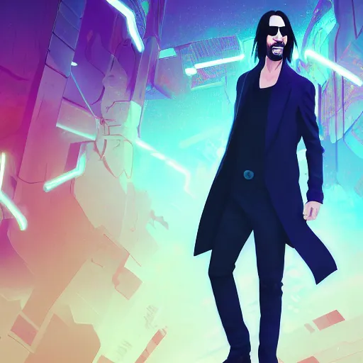 Image similar to portrait of keanu reeves as neo from the matrix, futuristic background, rich vivid colors, ambient lighting, dynamic lighting, 4k, official media, anime key visual, makoto shinkai, ilya kuvshinov, lois van baarle, rossdraws, detailed, trending on artstation