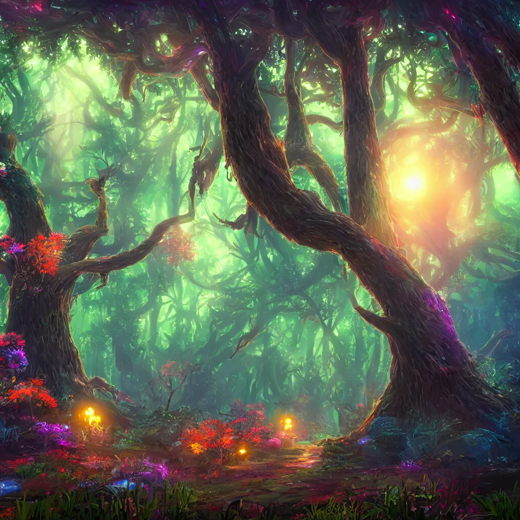 Image similar to huge trees, misty nighttime. radiating colorful energy. photorealistic, moody atmosphere, volumetric shading, holographic undertones, intricate and detailed, highly saturated colors. ori and the blind forest, breath of the wild style, studio ghibli!!!. trending on artstation. award winning, awe inspiring, daily deivation