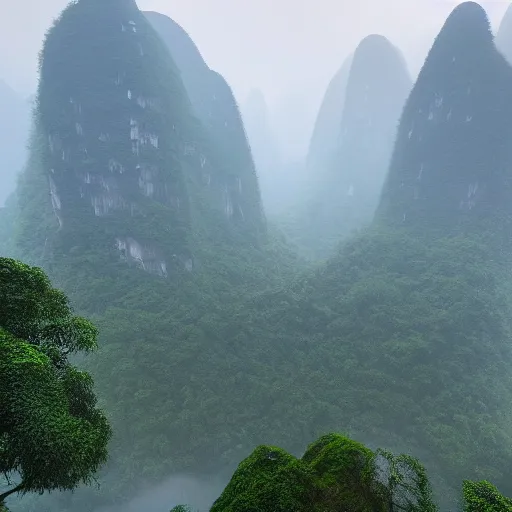 Prompt: a misty morning in the yangshuo karst hills, beautiful mattepainting, featured on artstation, by albert bierstadt