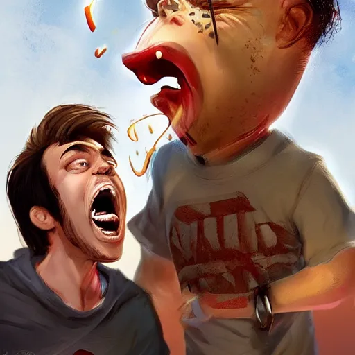 Image similar to Father yelling energetically with a big mouth at his little son who keeps his head down., exaggerated by Sebastian Krüger and Bruno Tesse trending on artstation, hyperdetailed, humor, perfect composition
