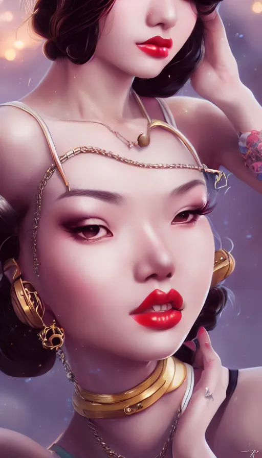 Image similar to a pin up and beautiful fashion and charming and dreamlke asian girl, lv jewelry, art by artgerm & jeehyung lee & wlop, hyperdetailed, 8 k realistic, symmetrical, frostbite 3 engine, cryengine, dof, trending on artstation, digital art