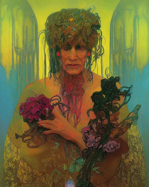 Image similar to rainbow flowerpunk portrait of a fierce old matriarch by paul lehr, beksinski, alphonse mucha