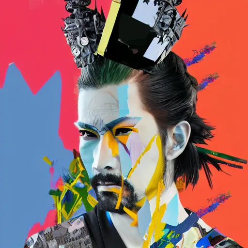 Image similar to modern samurai, contemporary collage, highly detailed, digital painting, 4 k, hdr, punk, fashion, smooth, sharp focus, art by nick knight, sandra chevrier and john hoyland