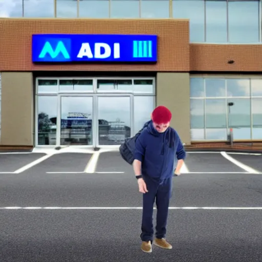 Image similar to a man terrified of entering an aldi supermarket, photo realistic