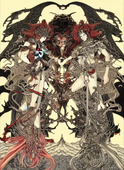 Prompt: battle between good and evil , battle between angels and demons, by and Austin Osman Spare and Takato Yamamoto and Yoshitaka Amano, high resolution, ultra detailed