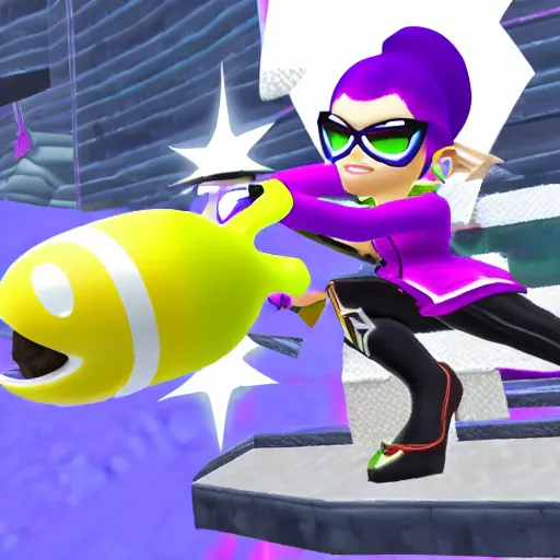 Image similar to 3 d game screenshot of bayonetta in splatoon, high detail, high resolution