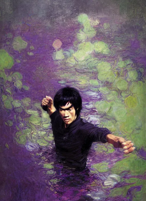 Image similar to bruce lee emerging from purple and black water by greg rutkowski, claude monet, conrad roset, takato yomamoto, rule of thirds, sigma look, beautiful