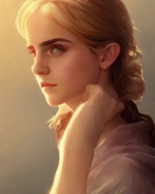 Image similar to '' Portrait of Beautiful blonde emma watson in her early 30’s, league of legends, LOL, fantasy, d&d, digital painting, artstation, concept art, sharp focus, illustration, art by greg rutkowski and alphonse mucha ''