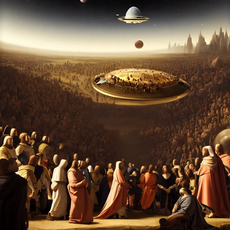 Prompt: crowd of medieval people surrounding UFO flying saucer on exoplanet, dream-like atmosphere, baroque portrait painting, perfect portrait composition, beautiful detailed intricate insanely detailed octane render trending on Artstation, 8K artistic photography, photorealistic, soft natural volumetric cinematic perfect light, chiaroscuro, award-winning photograph, masterpiece, Raphael, Caravaggio, Greg Rutkowski, Beeple