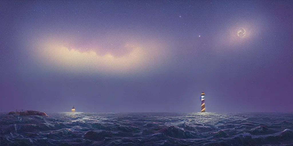 Image similar to milky way over the ocean by a lighthouse by simon stalenhag, dusk, art station trending