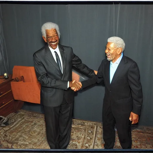 Prompt: photograph of Gordon Freeman shaking hands with Morgan Freeman in a dimly lit bedroom, 8k, highly intricate, highly detailed,