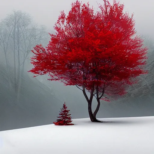 Prompt: A single red tree on a small island in a mountain lake, surrounded by a snow/covered forest, fantasy art by Greg Rutkowski