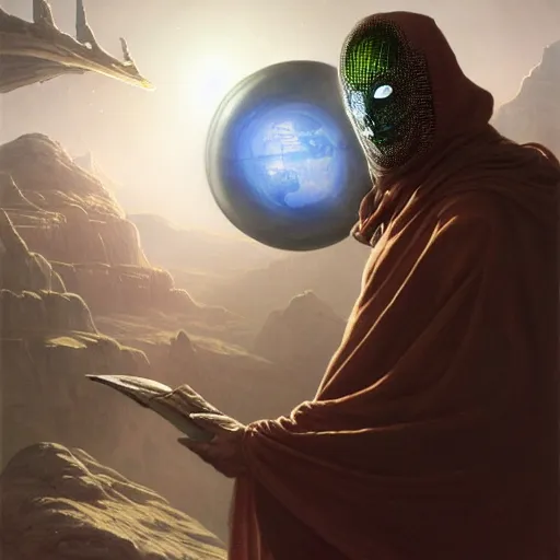 Image similar to masked nomad male wearing a cloak on an alien world and holding a holographic planet projection in his hand, detailed, sci - fi, digital painting, artstation, sharp focus, illustration, ominous, artgerm, tomasz alen kopera, peter mohrbacher, donato giancola, joseph christian leyendecker, wlop, frank frazetta