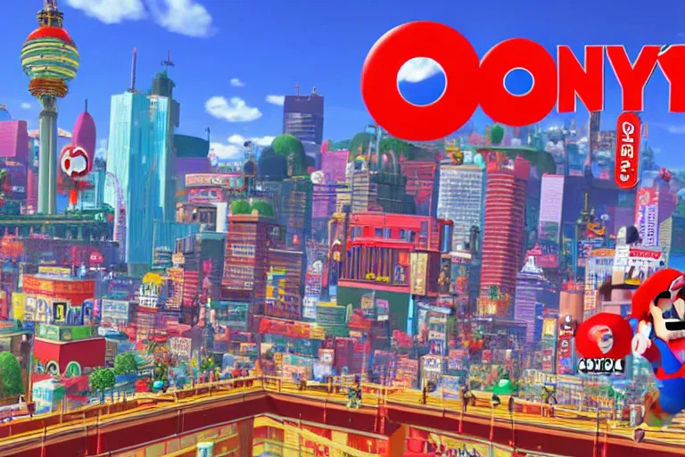 Image similar to an in game new donk city landscape from super mario odyssey, super mario odyssey art style.