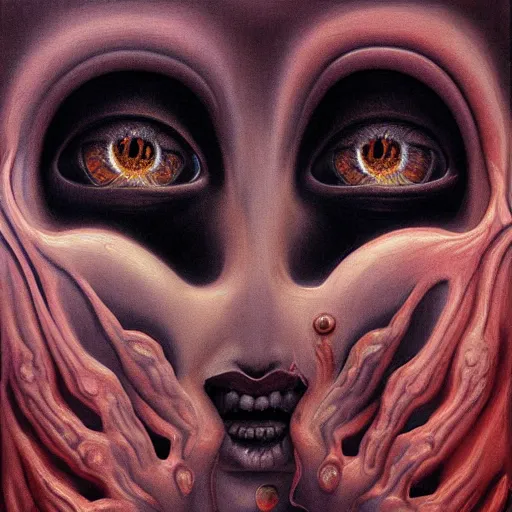 Prompt: dramatic portrait painting of woman with large crying eyes with black mandelbrot fractal instead of face, in style of zdzisław beksinski, horror, body horror, dark, disturbing,