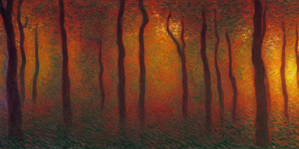 Image similar to An aesthetically pleasing fine art, dynamic, energetic, lively, well-designed digital art of trees inside a forest during sunset, light and shadow, caustics, by Claude Monet, superior quality, masterpiece, excellent use of negative space. 8K, superior detail.