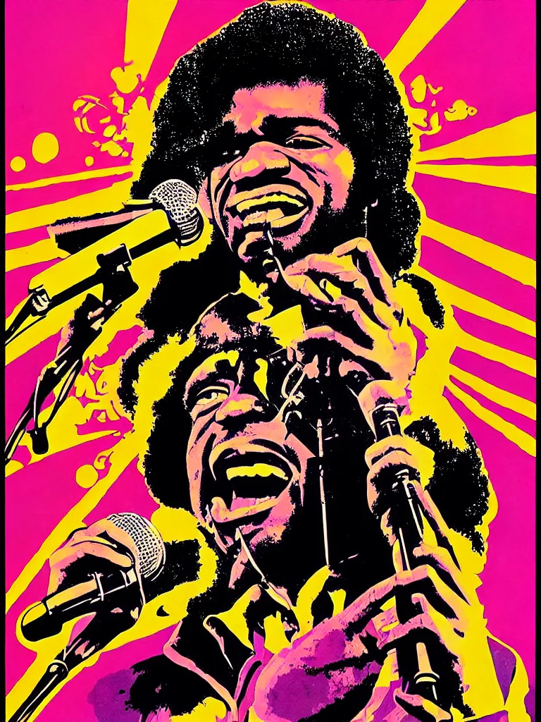 Image similar to psychedelic illustration, portrait of james brown holding a microphone, james brown 7 0 ’ s concert poster, highly detailed, colored illustration, “ superbad concert tour, 1 9 6 9 ”,