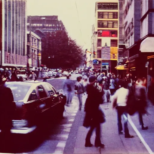 Prompt: wide - shot very low - angle, messy photo of people in the busy street, crossing road, polaroid photo, by andy warhol