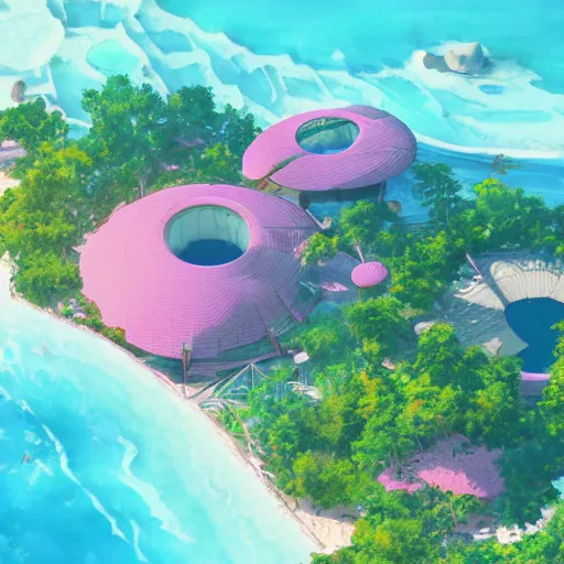 Image similar to a beautiful render of a pink, green, and blue island paradise from above by makoto shinkai, soft details, graphic art