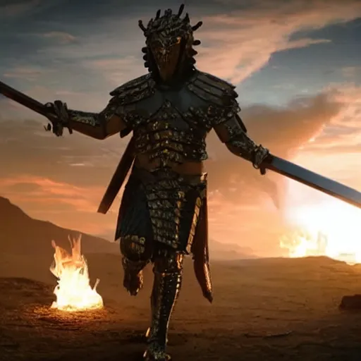 Image similar to cinematic still of ghostly man in ancient Canaanite armor and a flaming sword, paradise in the background, Biblical epic directed by Peter Jackson